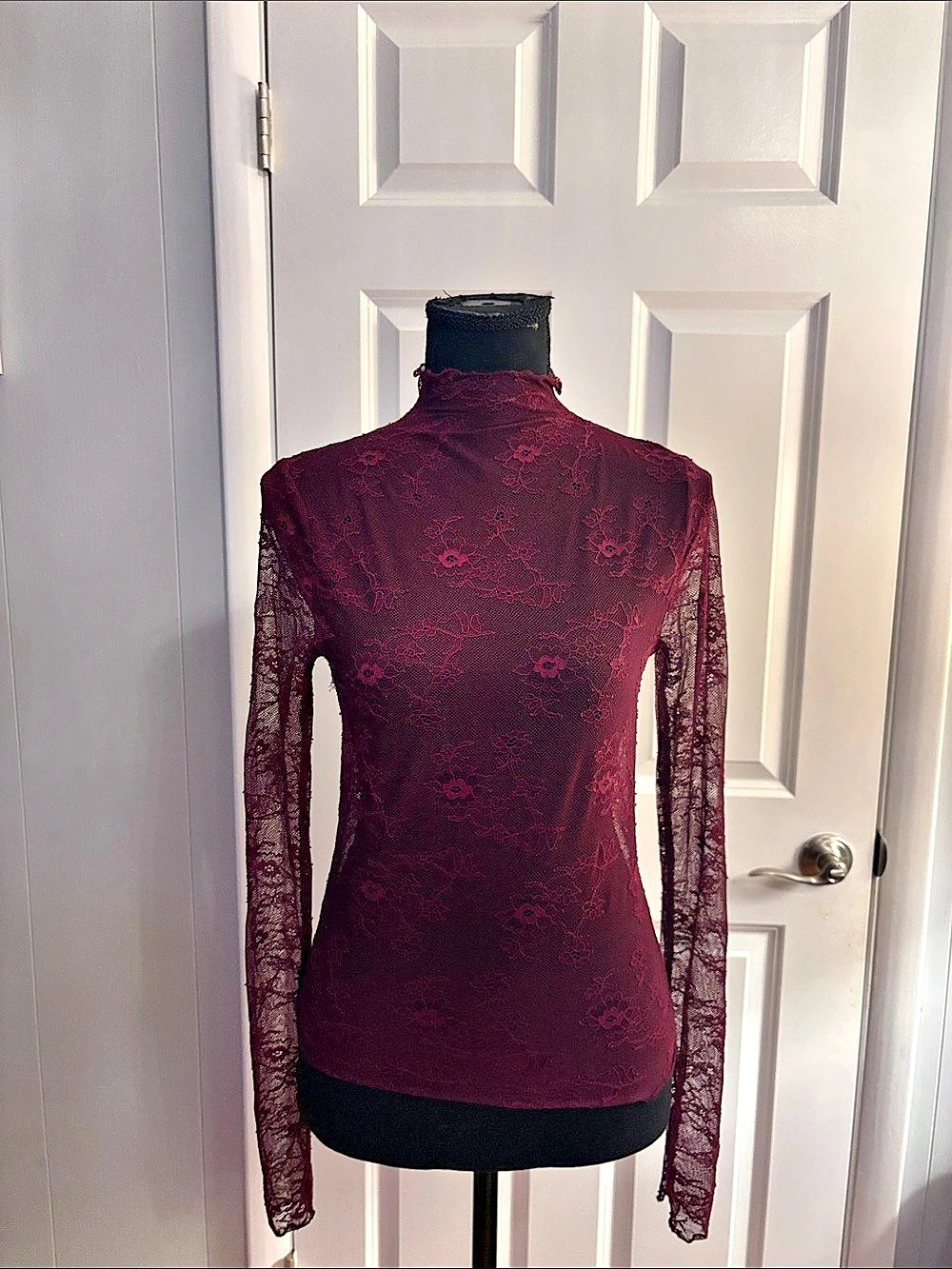 Forever 21 Wine Red Sheer Lace Mockneck Layering Blouse Y2K Coquette M